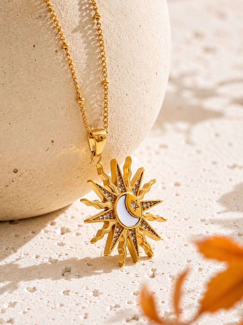 Gold Sun & Crescent Moon Pendant Necklace - Picture 3 of 6